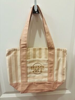 NWT Trader Joe’s sandy tan & Cream Beach Cabana Striped Canvas Mini Tote Bag